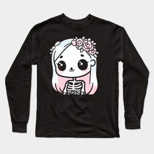 Cute Skeleton Girl with Flowers on Her Hair | Halloween Design in Kawaii Style Long Sleeve T-Shirt